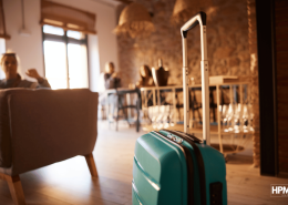 A turquoise suitcase stands in focus in the foreground, highlighting optimal visibility for your short-term rental. In the background, people relax on couches and chairs in an open-plan room with stone walls and wooden decor, creating a cozy atmosphere.