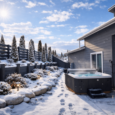16 A snowy backyard managed by a North Idaho Vacation Rental Management team, with footprints leading to a steaming hot tub beside a modern gray house, surrounded by snow-covered shrubs, pine trees, and a wooden fence on a sunny winter day.